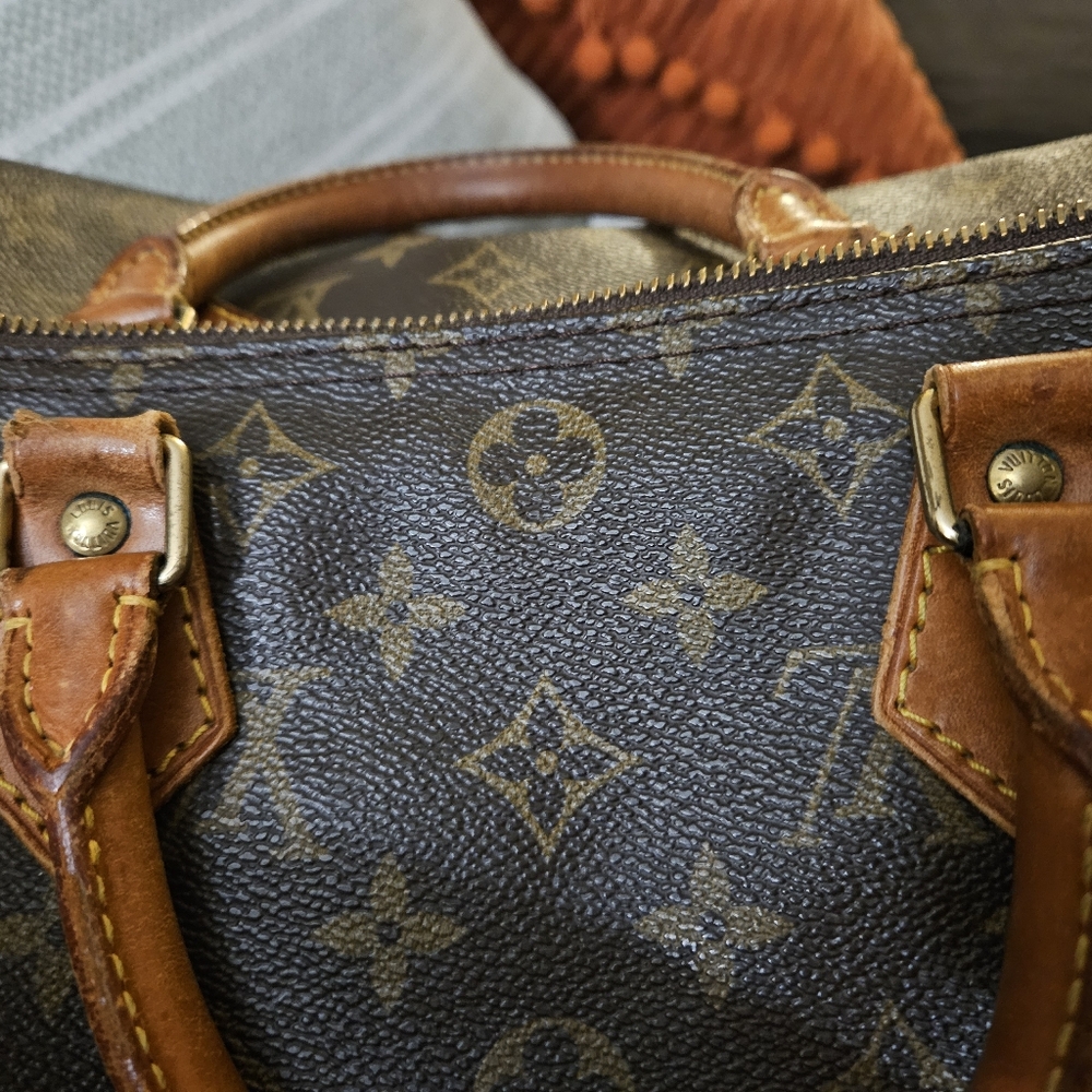 Louis Vuitton Brown Monogram Satchel with Pink Scarf Accent - Picture 9 of 11